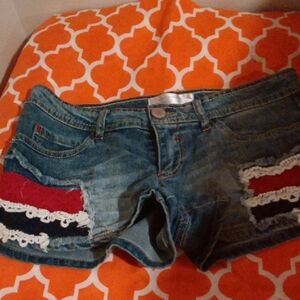 No Boundaries Denim Shorts with Red, White & Black Crochet Stripes